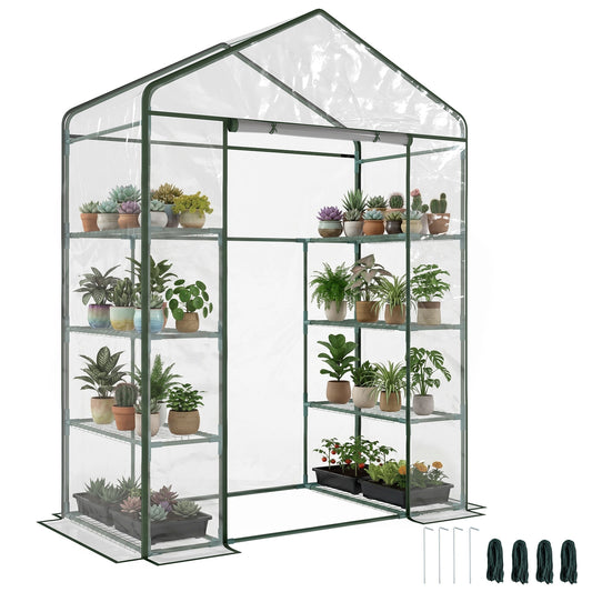Walk in Greenhouse with 4-Tier 8 Shelves, Green House with Hemmed Cover, Roll-up Zipped Door, Steel Frame, 143 x 73 x 195cm