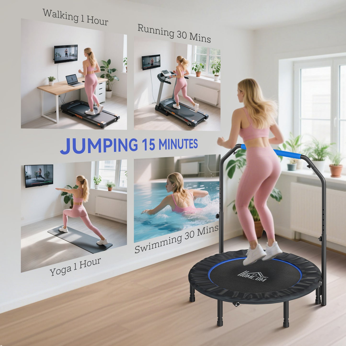 45" Foldable Mini Fitness Trampoline, with Adjustable Foam Handle, Blue