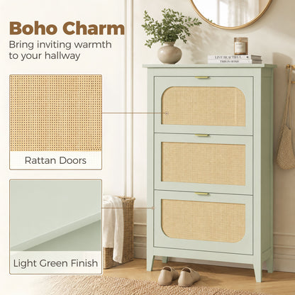 Narrow Shoe Cabinet, Boho Slim Shoe Storage Cabinet with 3 Flip Drawers, Holds 21 Pairs, Light Green