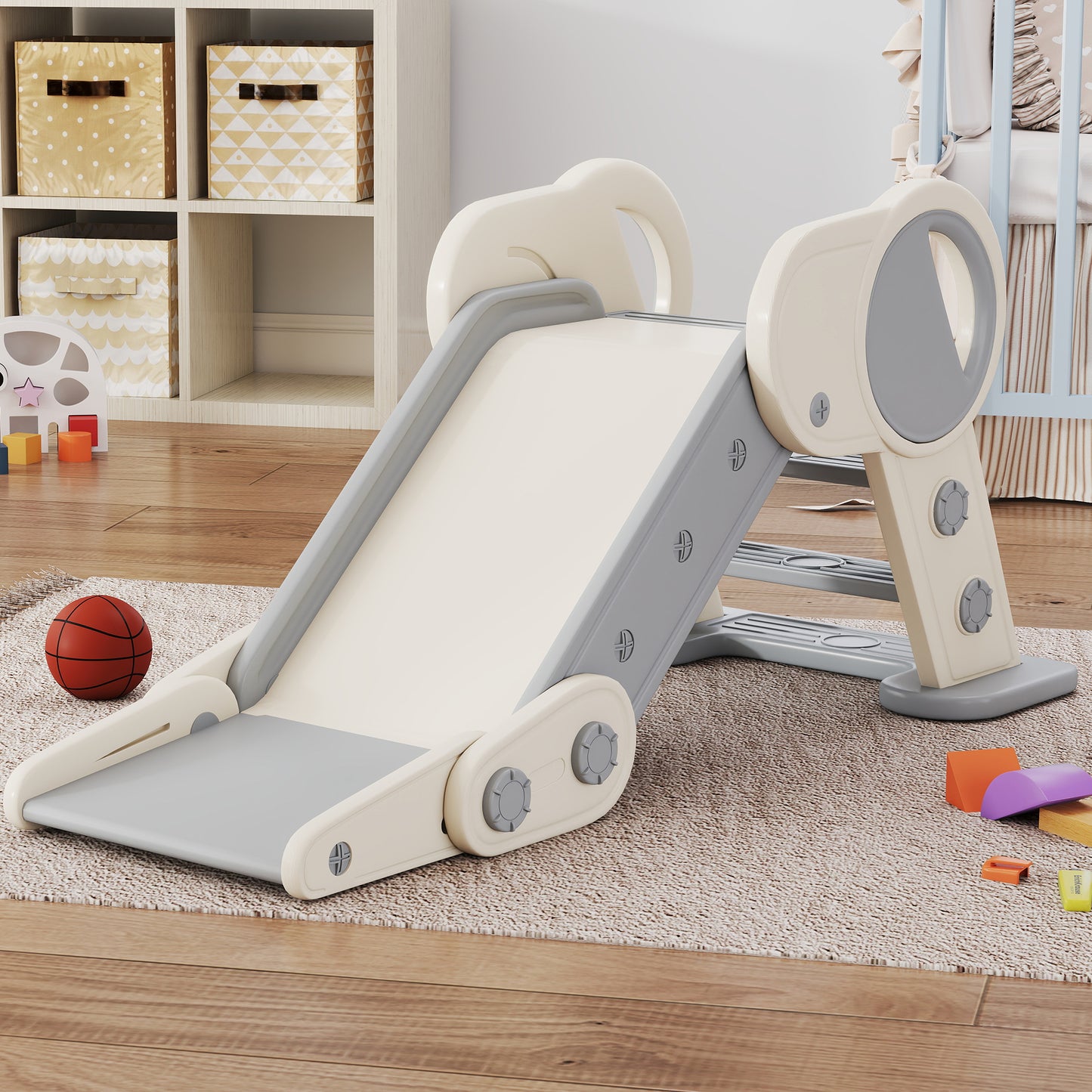 Foldable Kids Slide, Freestanding Baby Slide, for Ages 1.5-3 Years, Grey & Beige