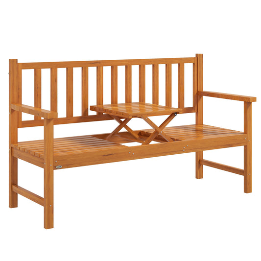 Wooden Bench with Liftable Middle Table, Outdoor Bench, Patio Loveseat for Porch, Garden, Seats 2-3 People