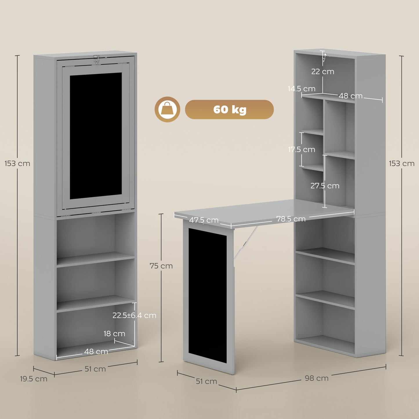 Folding Convertible Desk with Blackboard Multi-function Computer Office Workstation Side Shelf, Grey