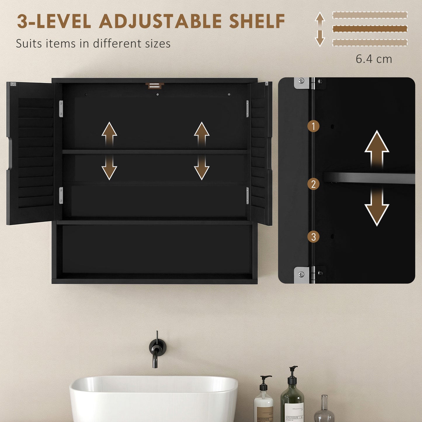 Bathroom Cabinet, Wall Mounted Storage Cabinet with Adjustable Shelves, 60 x 20 x 60 cm, Black