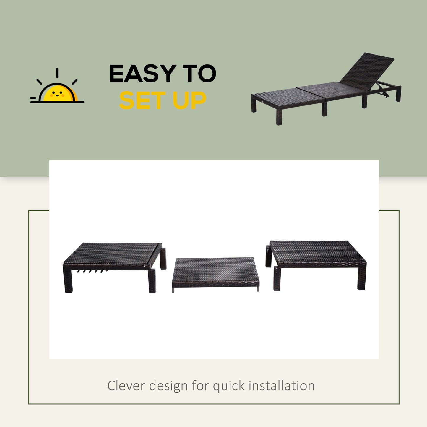 Rattan Sun Lounger, 5-Level Adjustable Garden Lounger Recliner with Cushion and Headrest, Outdoor Reclining Sunbed