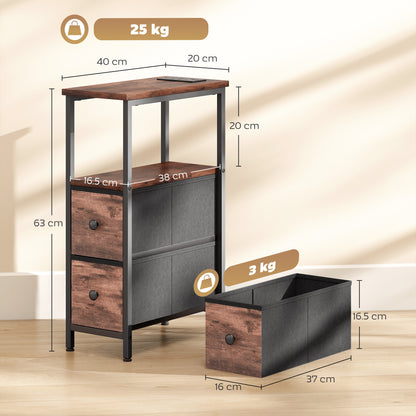 Side Table, Narrow Bedside Table with Charging Station, 2 Drawers, AC Outlet and 2 USB Ports for Living Room, Bedroom