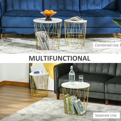 Set of 2 Nesting Side Tables with Storage, Round End Tables Coffee Tables with Steel Frame and Removable Round Top