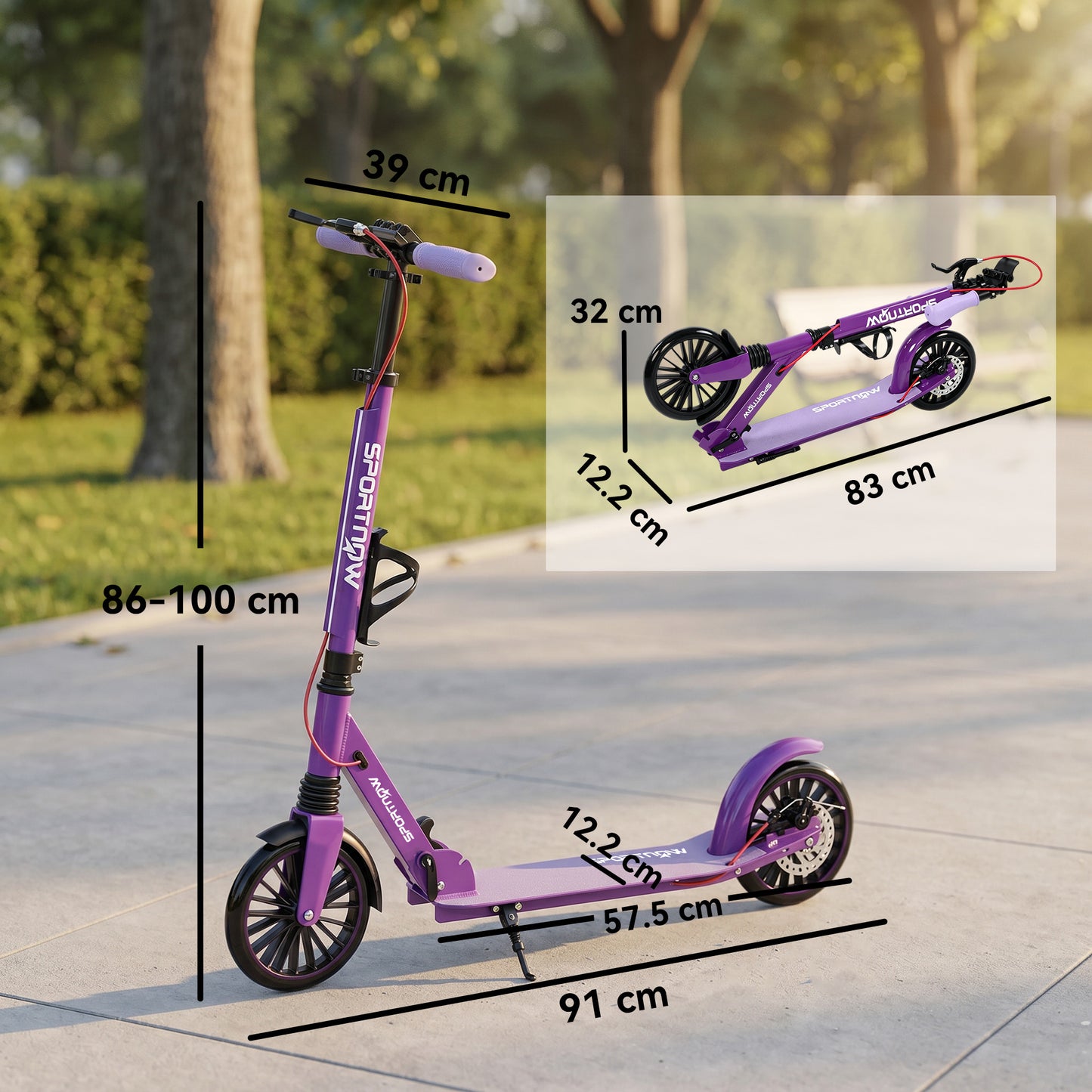 Foldable Kick Scooter with Height Adjustable Handlebar, One-click Folding Adult Scooters with 200 mm Big Wheels, Purple