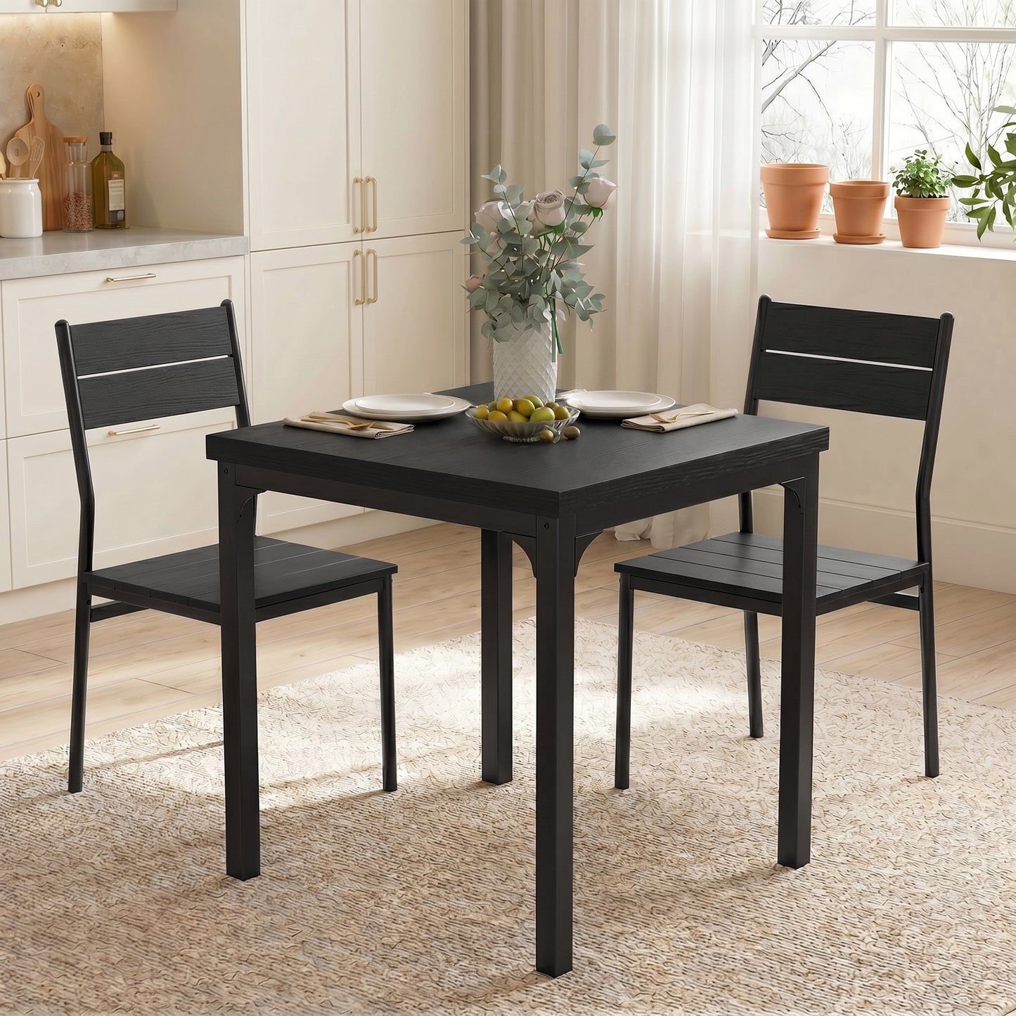 3 Piece Space-Saving Kitchen Table and Chairs, Dining Table Set for 2 with Metal Legs, Black Wood Effect