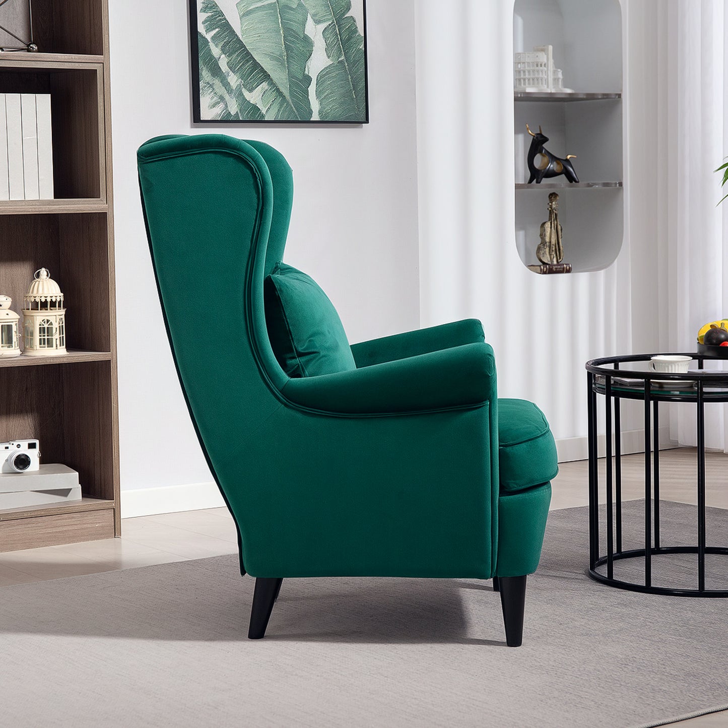 Modern Accent Chair with High Backrest and Pillow, Velvet-Feel Fabric Reading Chair with Solid Wood Legs, Green