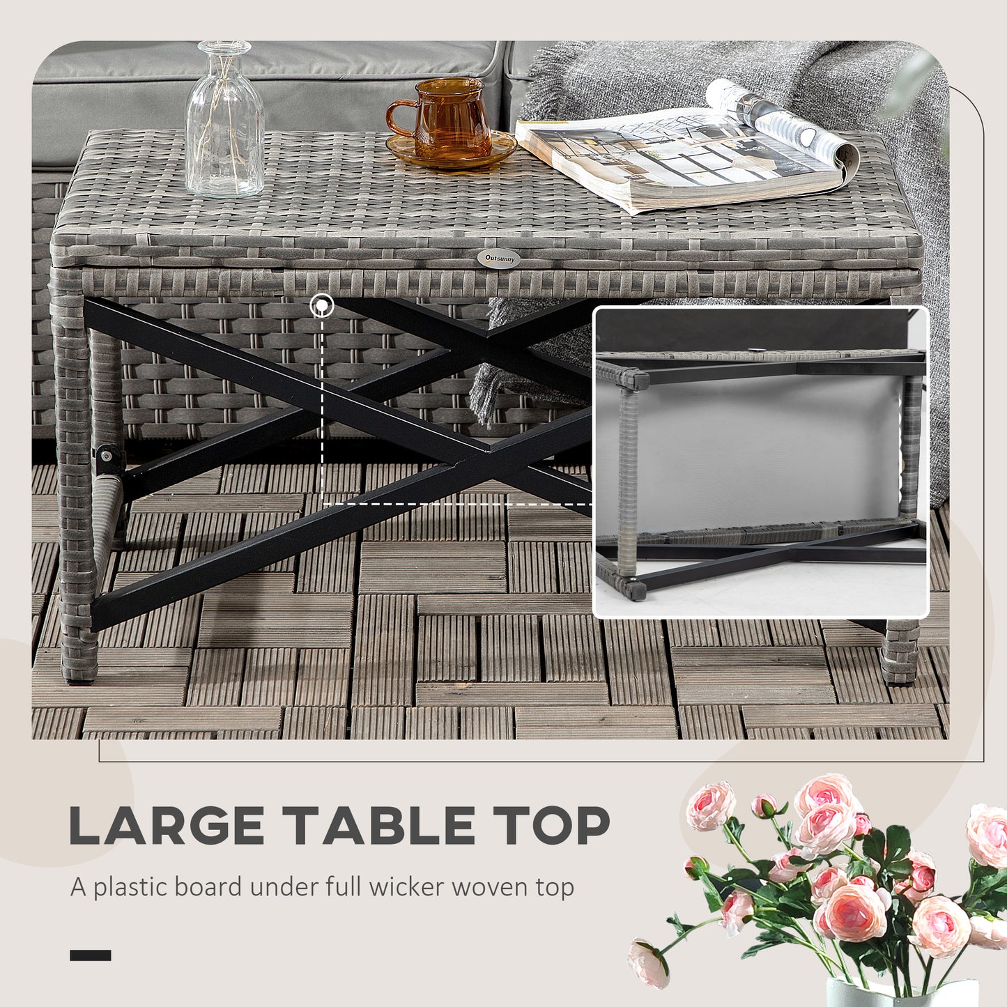 Outdoor Coffee Table, Garden PE Rattan Side Table with Plastic Board Under the Full Woven Table Top and X-Shaped Frame for Pa