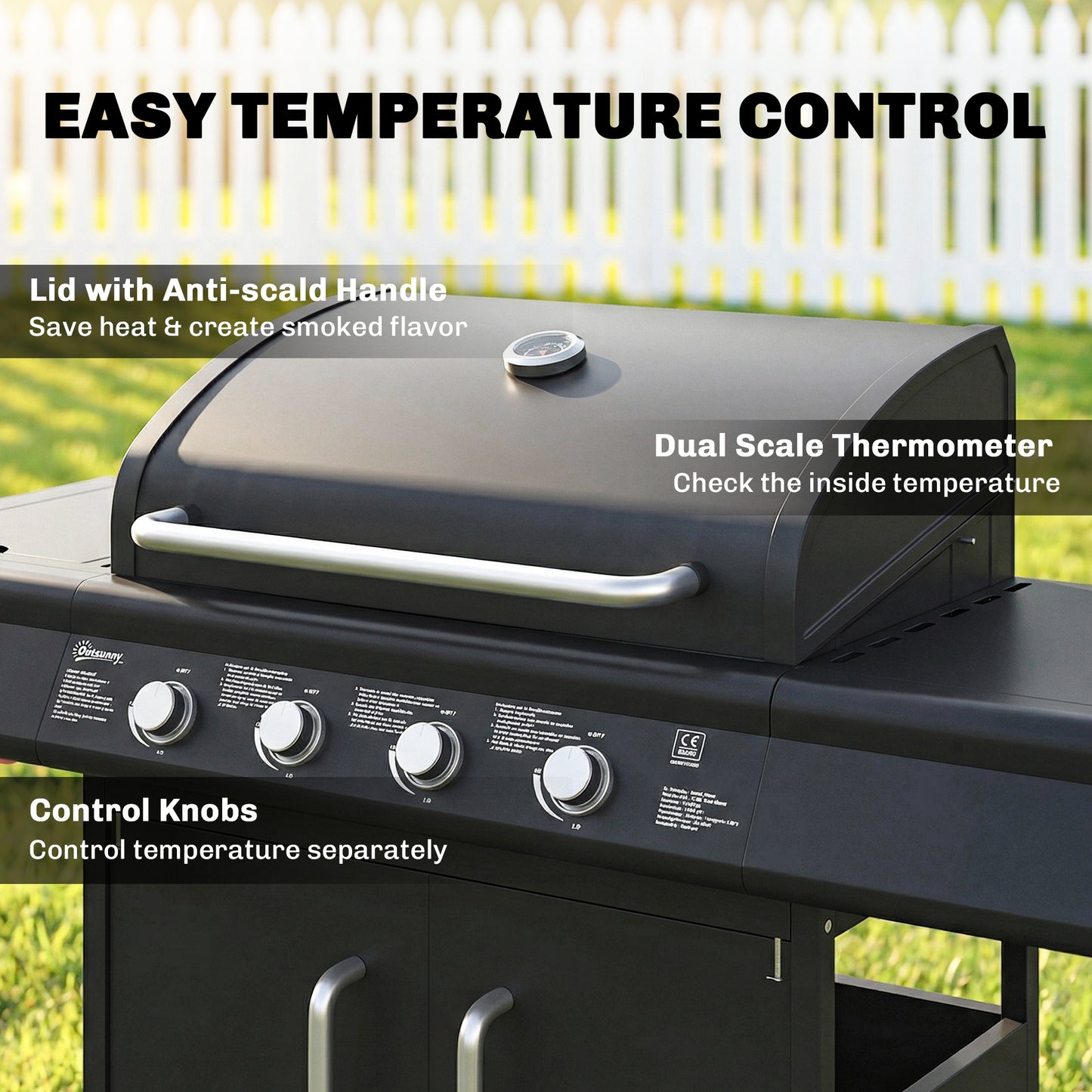 4+1 Burner Gas BBQ Grill with Storage Cabinet, 15.2 kW Gas Barbecue Trolley with Side Table, 4 Wheels, Warming Rack