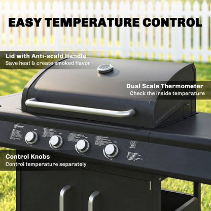 4+1 Burner Gas BBQ Grill with Storage Cabinet, 15.2 kW Gas Barbecue Trolley with Side Table, 4 Wheels, Warming Rack