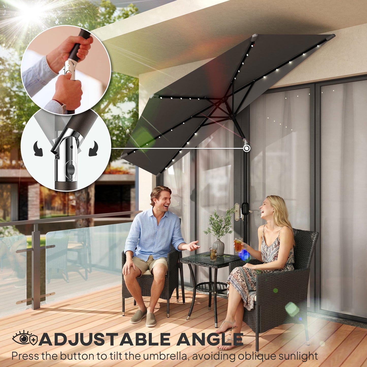 2.6 m Half Garden Parasol with Solar LED Lights, UPF50+ Semi Round Umbrella with 30° Tilt, Crank Handle, Dark Grey