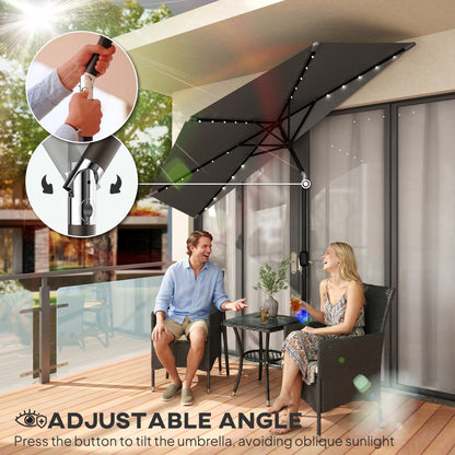 2.6 m Half Garden Parasol with Solar LED Lights, UPF50+ Semi Round Umbrella with 30° Tilt, Crank Handle, Dark Grey