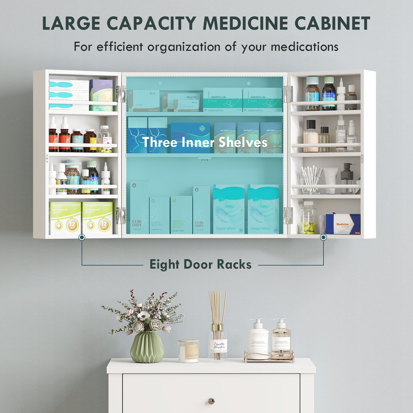 Wall Mount Medicine Cabinet with Key Lock, 3 Tier First Aid Cabinet with 2 Doors and 11 Storage Compartments, White