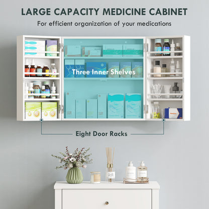 Wall Mount Medicine Cabinet with Key Lock, 3 Tier First Aid Cabinet with 2 Doors and 11 Storage Compartments, White