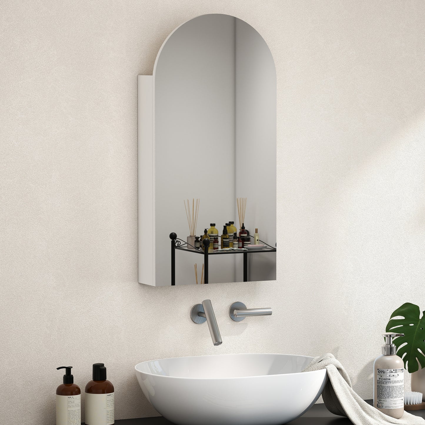 Arched Bathroom Mirror Cabinet with Adjustable Glass Shelves - White