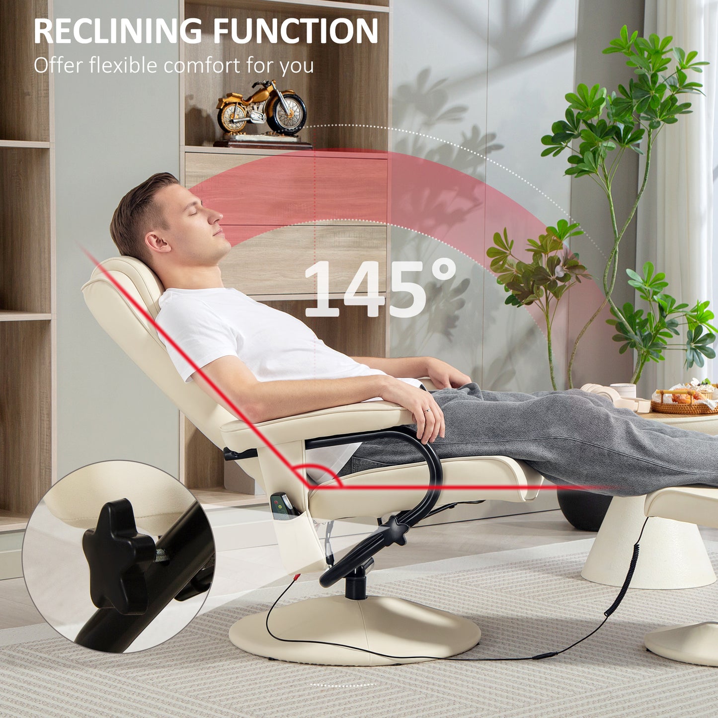 Swivel Recliner Chair and Footstool, Faux Leather Massage Recliner Armchair with Remote Control and Round Wrapped Base