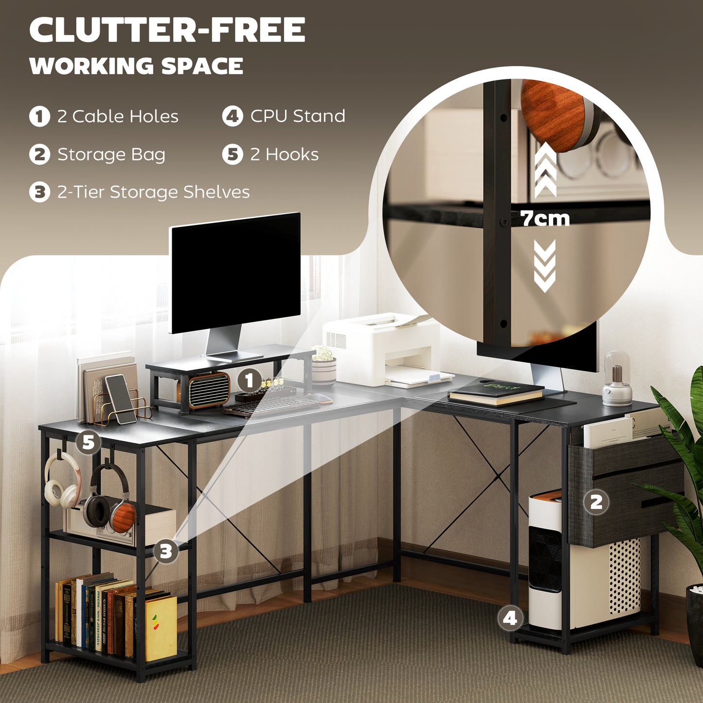 168cm Reversible L Shaped Desk, Industrial Corner Computer Desk with Adjustable Shelf and Storage Bag