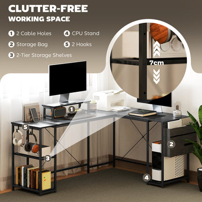 168cm Reversible L Shaped Desk, Industrial Corner Computer Desk with Adjustable Shelf and Storage Bag