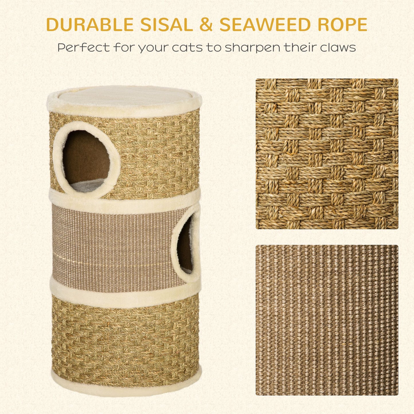 Cat Scratching Barrel Kitten Tree Tower for Indoor Cats Pet Furniture Climbing Frame Covered with Sisal and Seaweed Rope Cozy