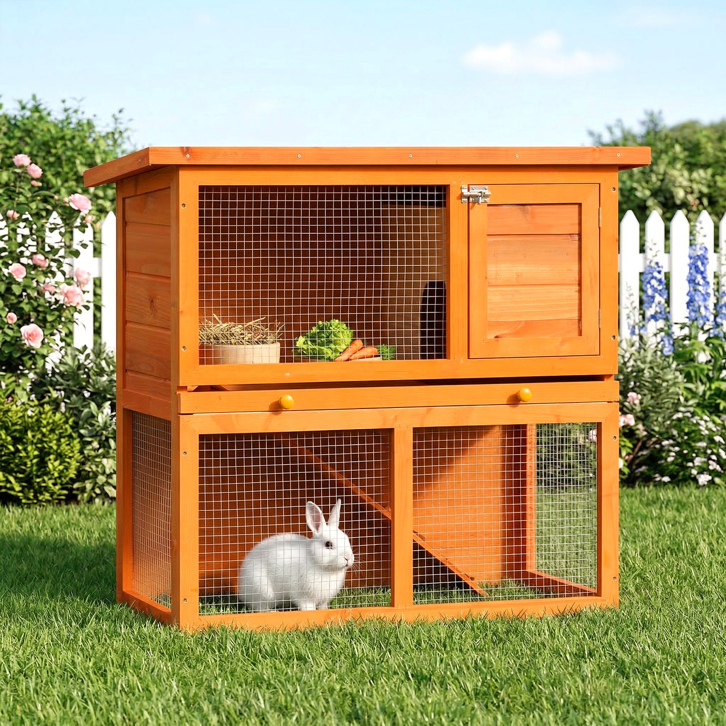 Two-Tier Rabbit Hutch, Wooden Outdoor Pet Cage, with Opening Top