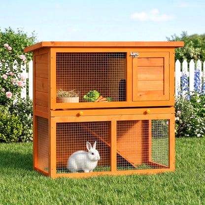 Two-Tier Rabbit Hutch, Wooden Outdoor Pet Cage, with Opening Top