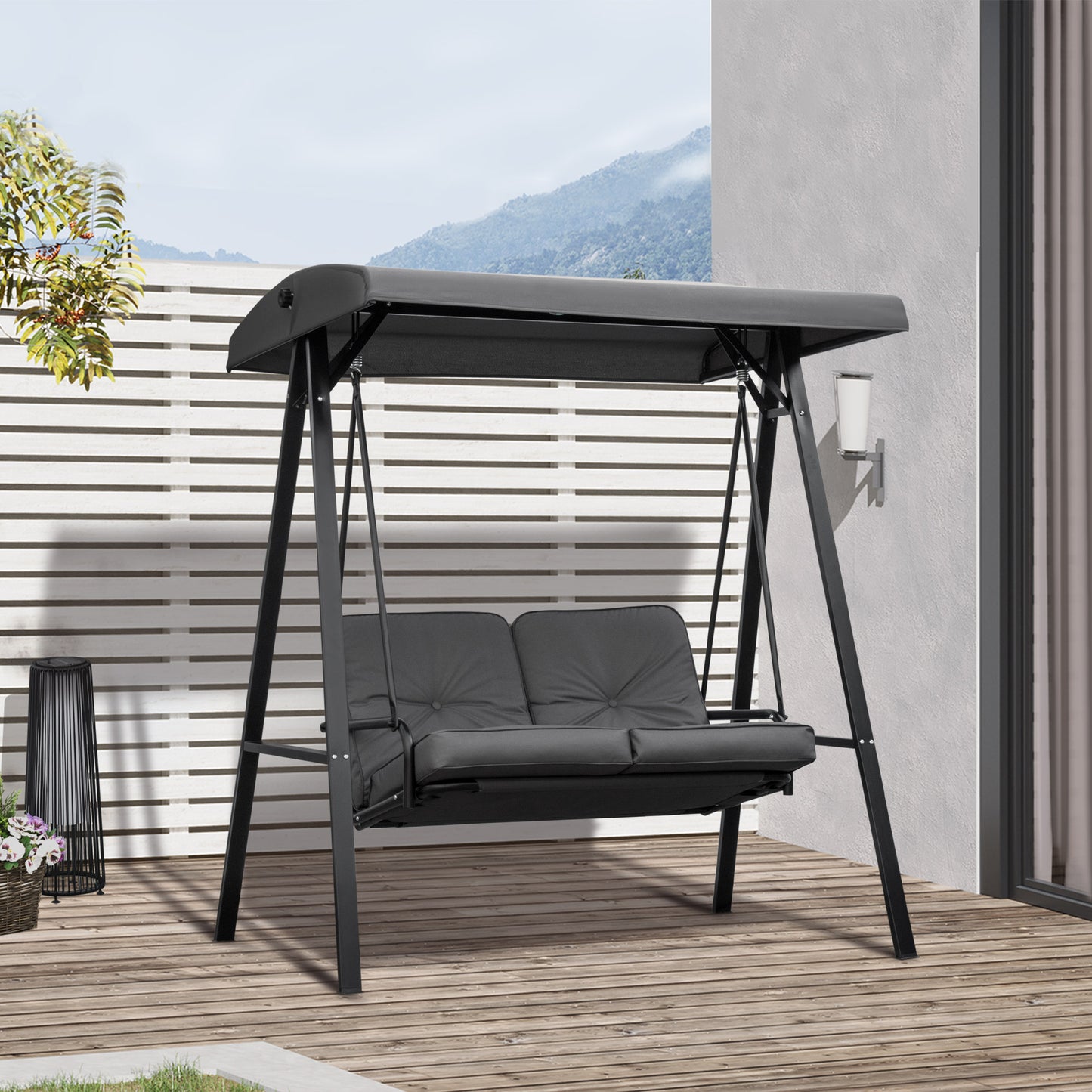 2 Seater Garden Swing Chair with Adjustable Tilting Canopy, Outdoor Hammock Bench with Steel Frame for Patio