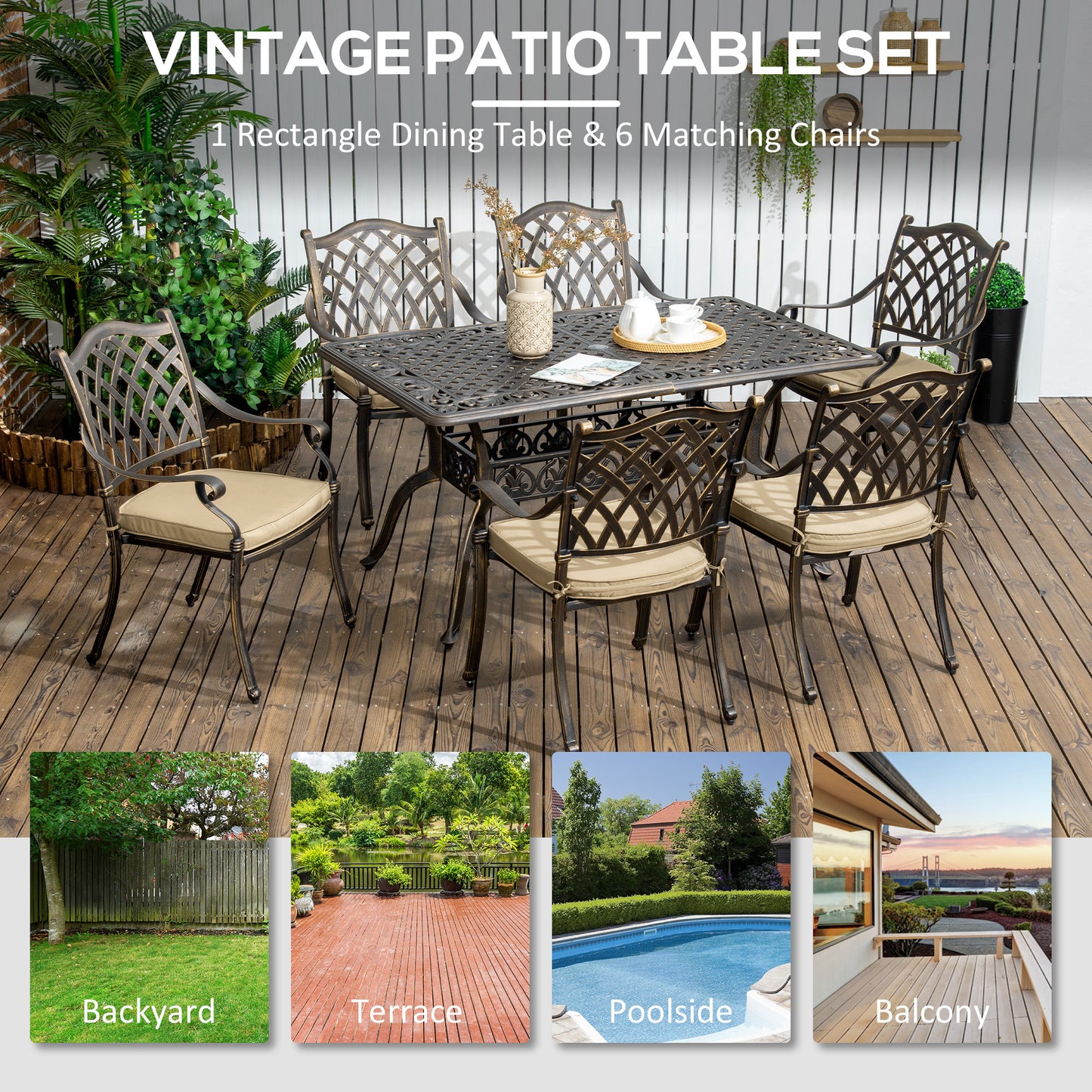 7 PCs Garden Patio Dining Set with Parasol Hole, Cast Aluminium Outdoor Furniture Set with Six Cushioned Chairs and Rectangle