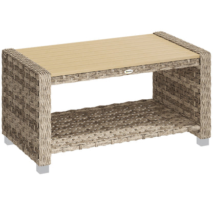 Outdoor Coffee Table with Storage Shelf, PE Rattan Side Table with Slatted Top and Foot Pads, Light Brown