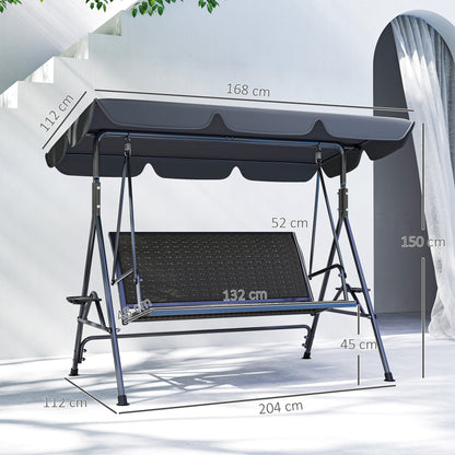 3 Seater Swing Chair, Garden Swing Seat Bench with Adjustable Canopy, Rattan Seat and Steel Frame for Patio, Yard, Grey