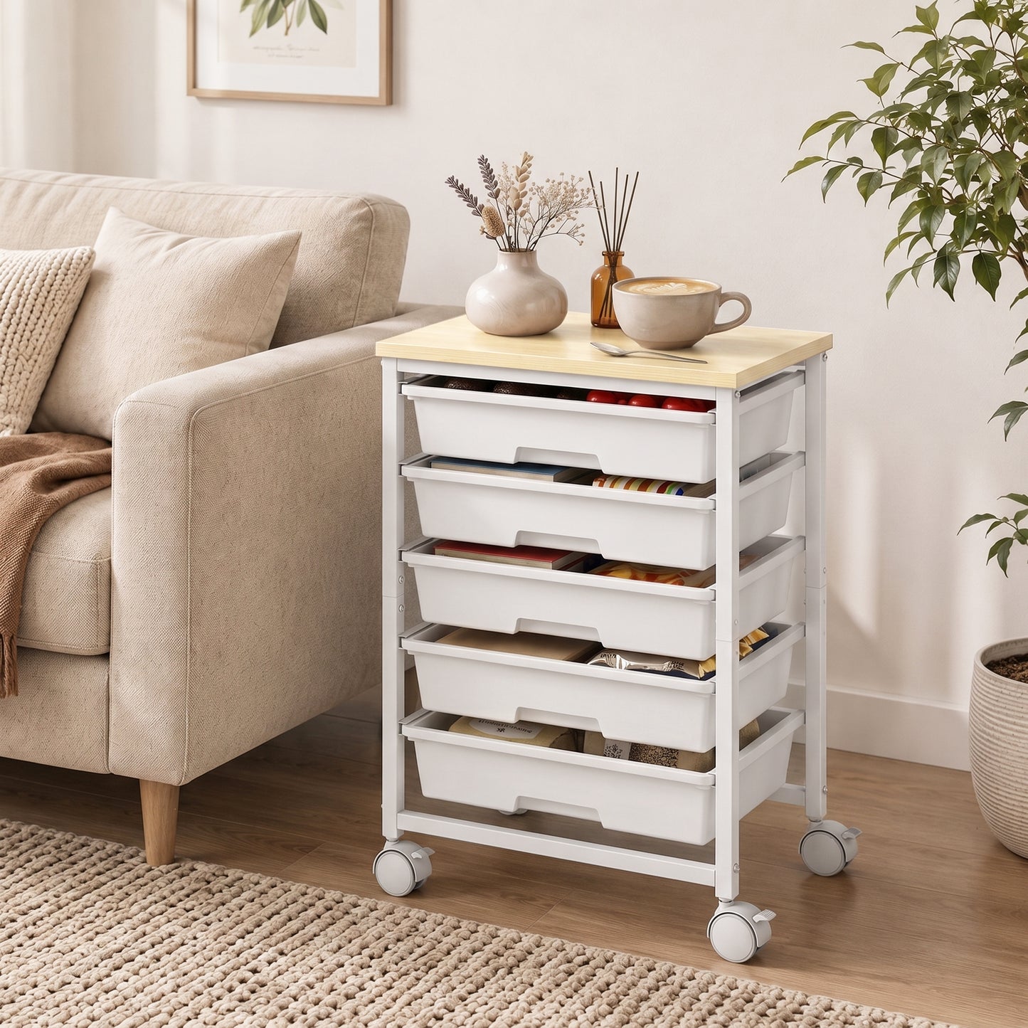 6-Tier Storage Trolley on Wheels, Metal Kitchen Rolling Cart with 5 Pull-Out Drawers, White