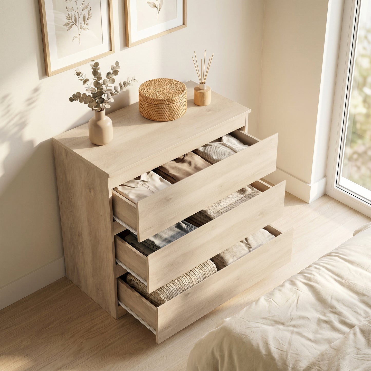 3-Drawer Storage Organiser Unit, Chest of Drawers for Bedroom, Living Room, 80 x 39 x 73cm, Oak