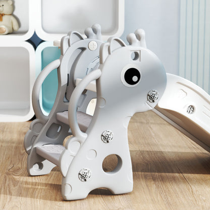 3 in 1 Kids Slide with Climber, Basketball Hoop and Ball, Giraffe Shape Climber Slide for Indoor Kids Age 1-3, Grey