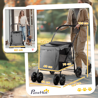 Dog Pram Dog Stroller 4 Wheels Pet Pushchair with Rolling Door, Cushion, Safety Leashes, for Small and Medium Breeds, Grey