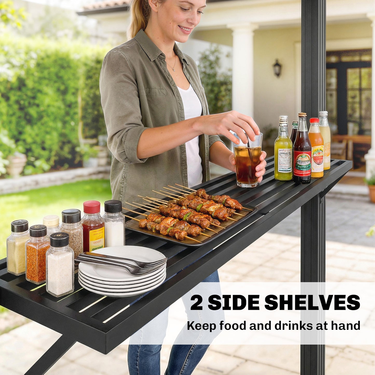 2.5 x 1.5 m Hardtop Grill Gazebo with Double Roof, Aluminium Outdoor BBQ Gazebo Shelter with 2 Side Shelves, Brown