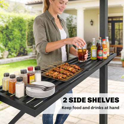 2.5 x 1.5 m Hardtop Grill Gazebo with Double Roof, Aluminium Outdoor BBQ Gazebo Shelter with 2 Side Shelves, Brown