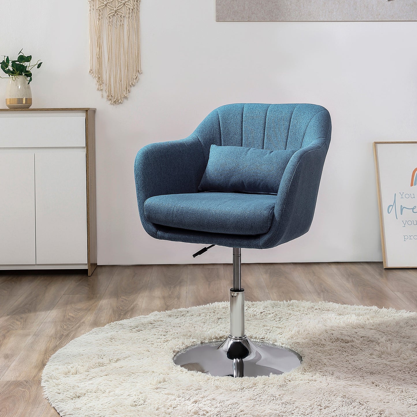 Swivel Accent Chair, Linen Fabric Tub Vanity Chair, Modern Armchair with Adjustable Height and Lumbar Support for Living Room