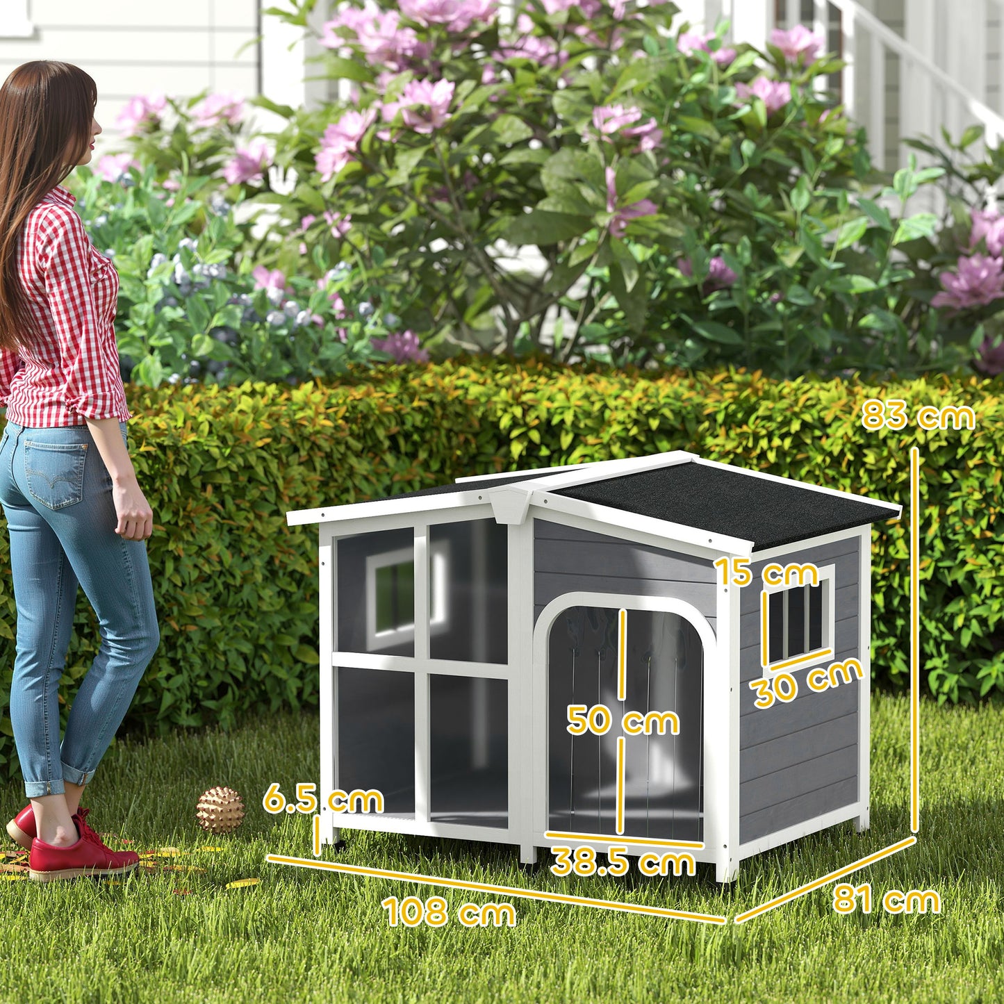 Wooden Dog Kennel with Removable Floor, Asphalt and Openable Roof, Giant Window for Large Dogs, Charcoal Grey