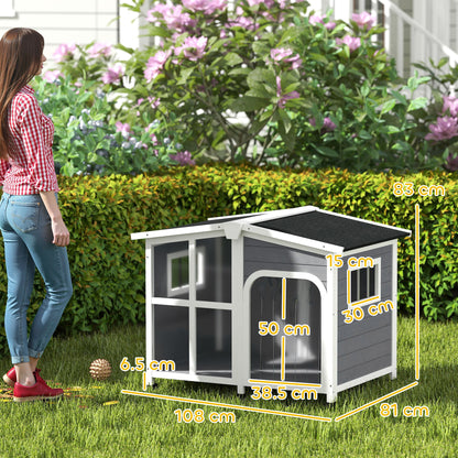 Wooden Dog Kennel with Removable Floor, Asphalt and Openable Roof, Giant Window for Large Dogs, Charcoal Grey