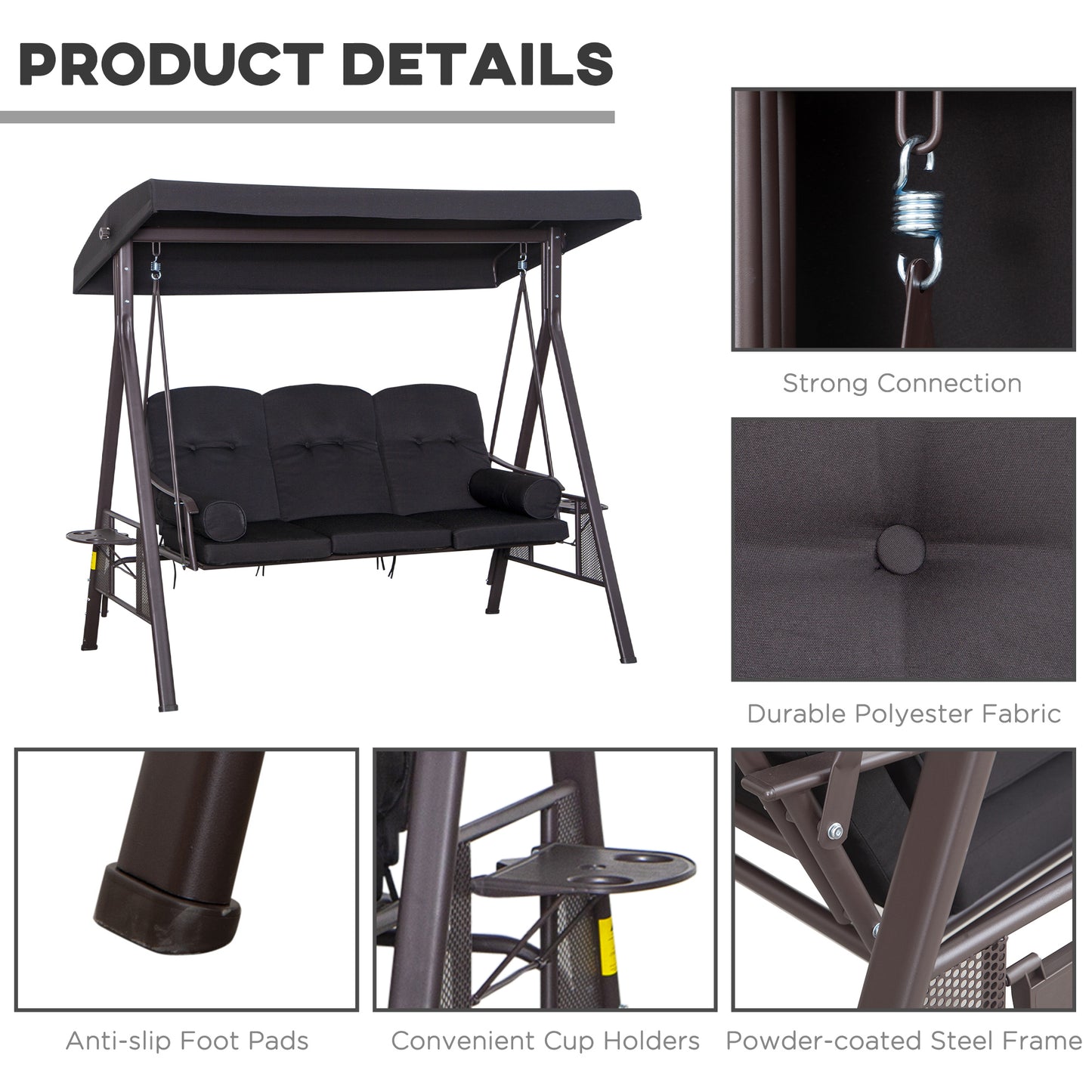 3 Seater Swing Chair Hammock Chair with Adjustable Canopy, Black