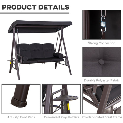 3 Seater Swing Chair Hammock Chair with Adjustable Canopy, Black