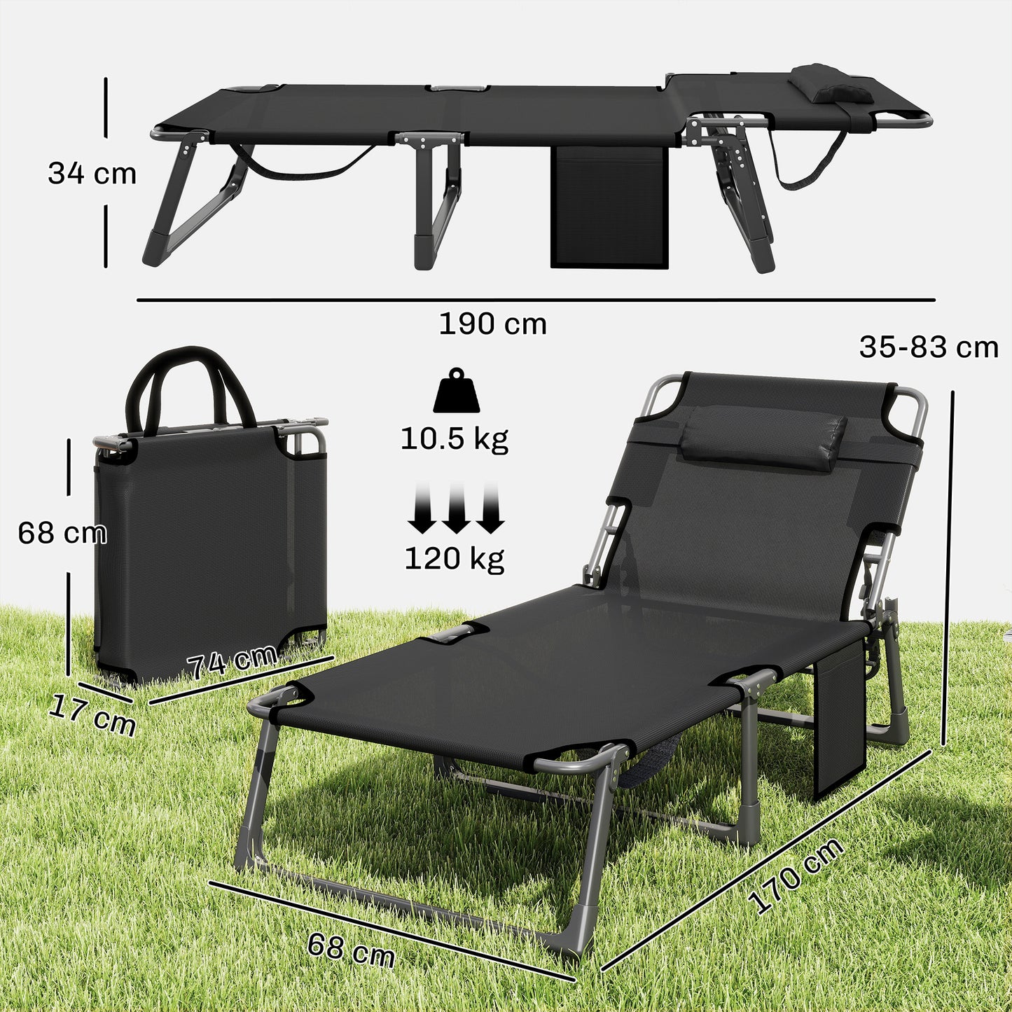 Folding Sun Loungers for Garden Set of 2, 5-Position Oversized Camping Bed Recliner with Cushions, Blue