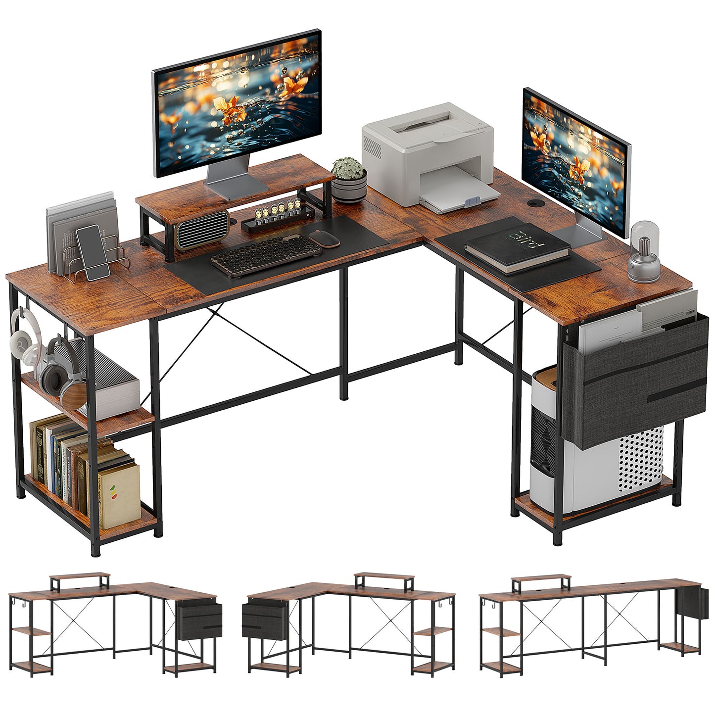 168cm Reversible L Shaped Desk, Industrial Corner Computer Desk with Adjustable Shelf and Storage Bag