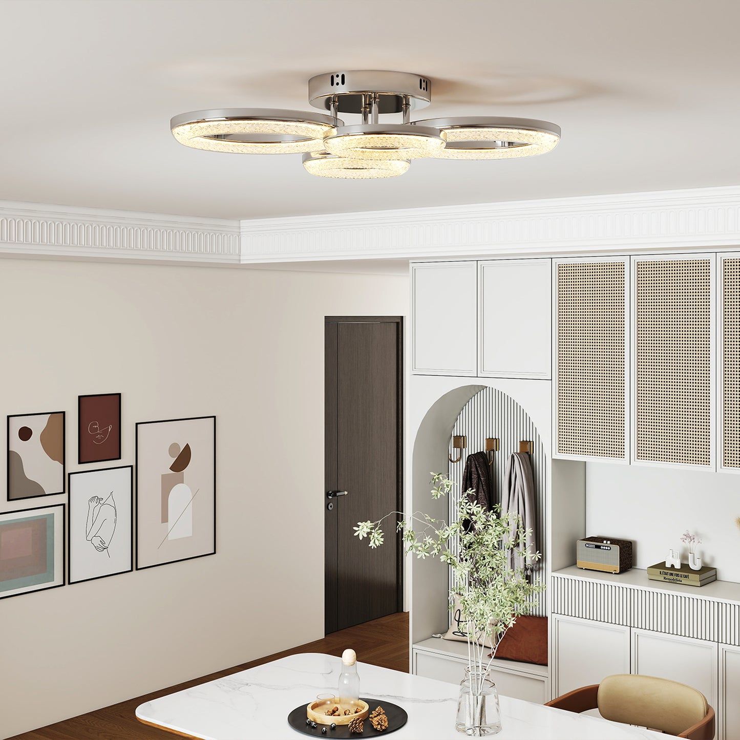 4-Ring LED Ceiling Light, Flush Mount Ceiling Light with 3 Colour Temperatures, Silver Tone