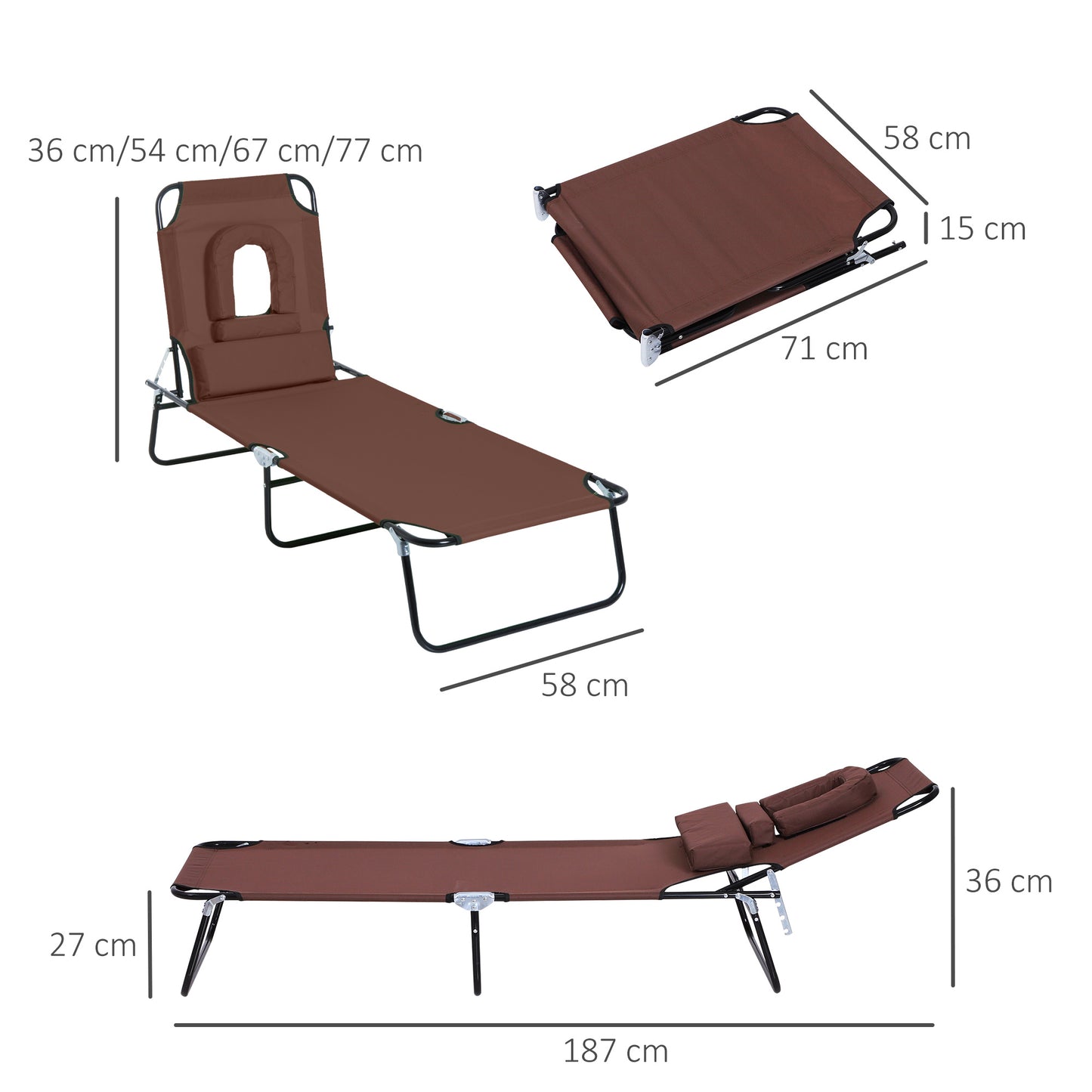 Folding Sun Lounger with Face Hole, 4-Position Adjustable Backrest Garden Recliner Chair Sunbed, Outdoor Lounge Chair