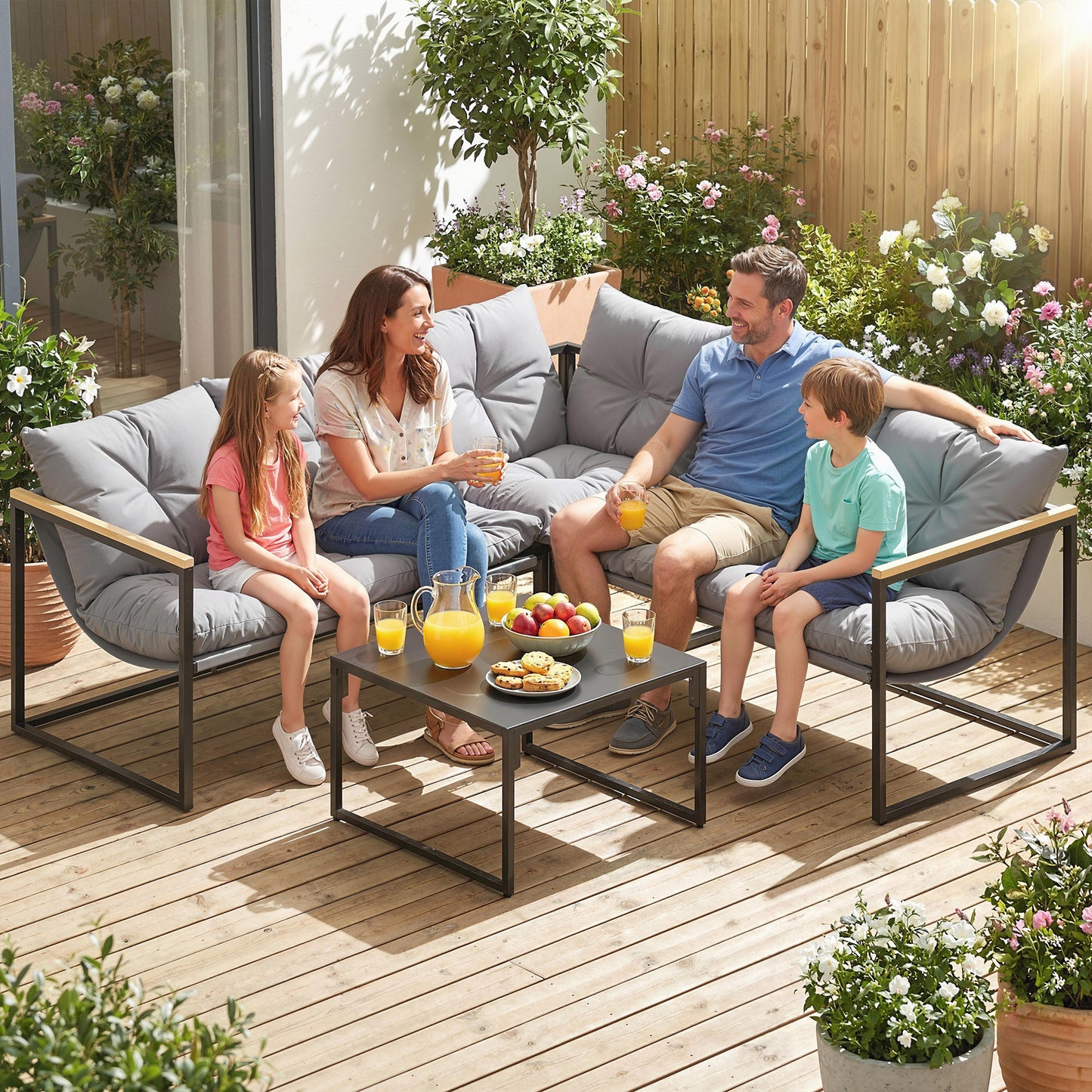 4 Piece Garden Furniture Set with Thick Cushions and Coffee Table, Patio Conversation Set for Porch, Balcony, Deck, Grey