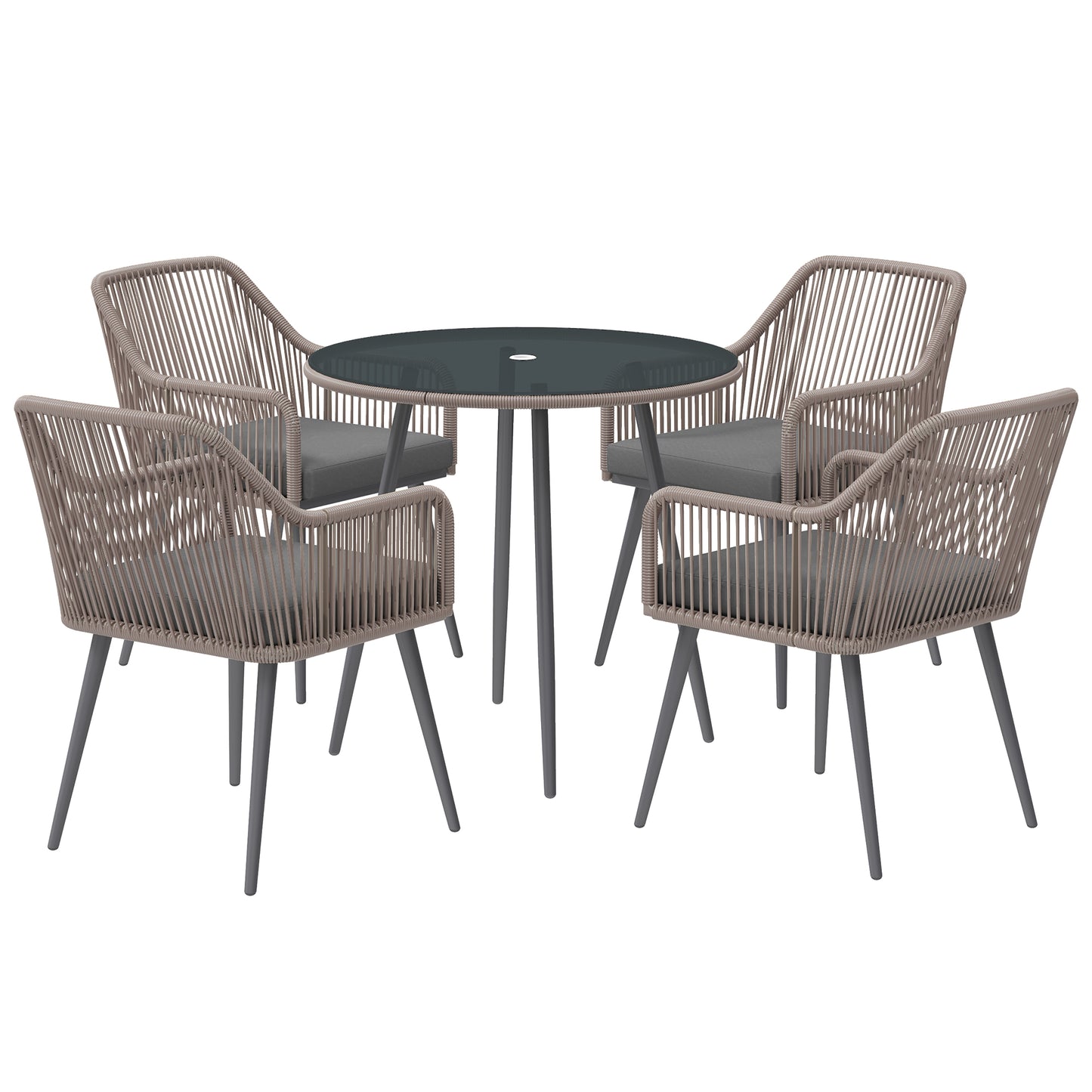 4 Seater Rattan Dining Set, Rattan Garden Furniture Set with Parasol Hole, Outdoor Dining Table and Chairs Set with Cushions