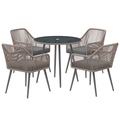 4 Seater Rattan Dining Set, Rattan Garden Furniture Set with Parasol Hole, Outdoor Dining Table and Chairs Set with Cushions
