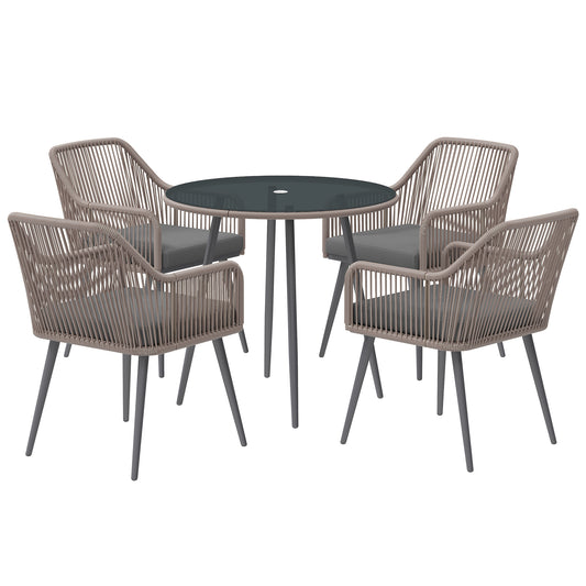 4 Seater Rattan Dining Set, Rattan Garden Furniture Set with Parasol Hole, Outdoor Dining Table and Chairs Set with Cushions